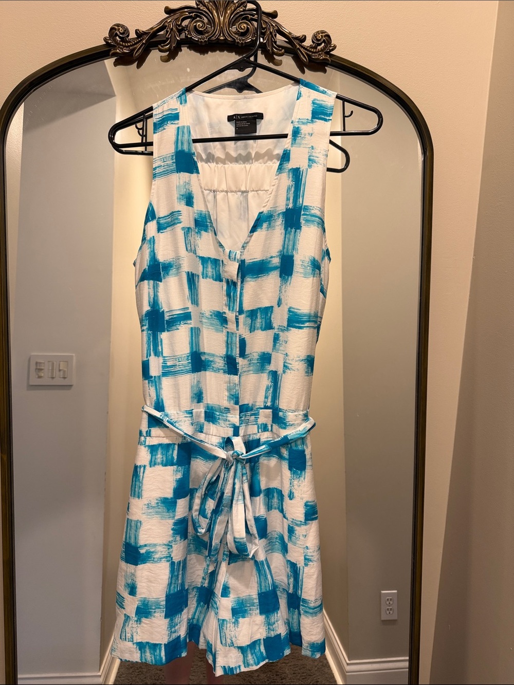 Armani Exchange White Romper with Turquoise Brushstroke Print and Tie Waist
